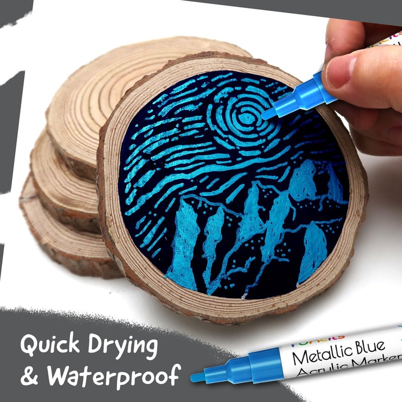Funcils 5 Metallic Acrylic Blue Paint Pen - Extra Fine Tip, Thin & Jumbo (1mm, 3mm, 6mm, 10mm, 15mm) - Blue Paint Markers for Metal, Fabric, Plastic, Canvas, Wood, Rock Painting, Glass, Permanent Marker - Image 4